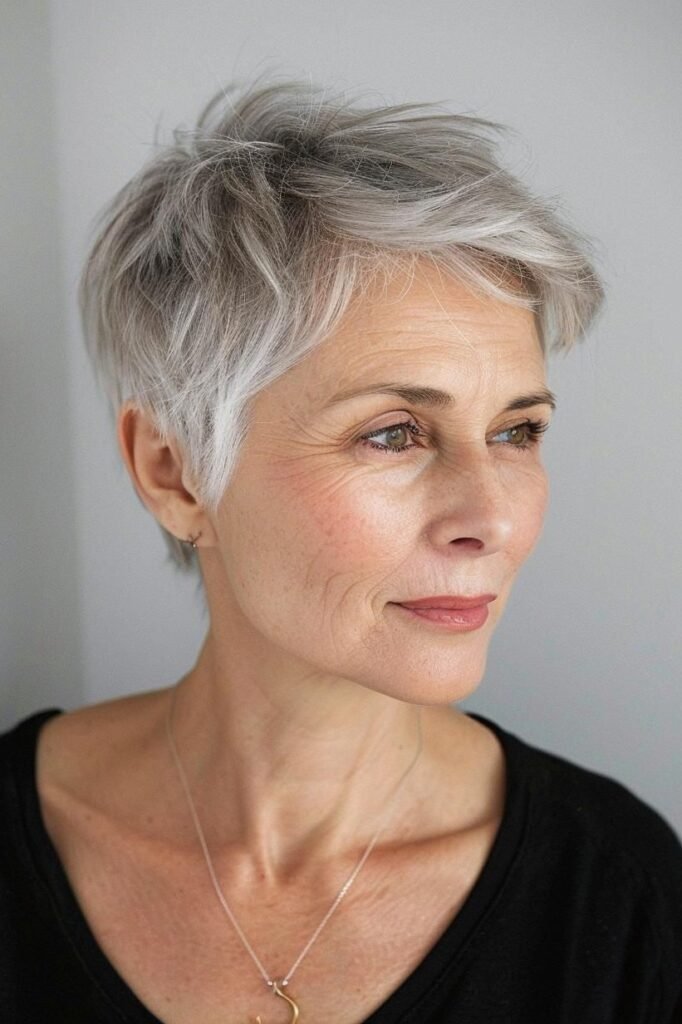 Soft Wispy Grey Pixie with Natural Texture and Side Fringe