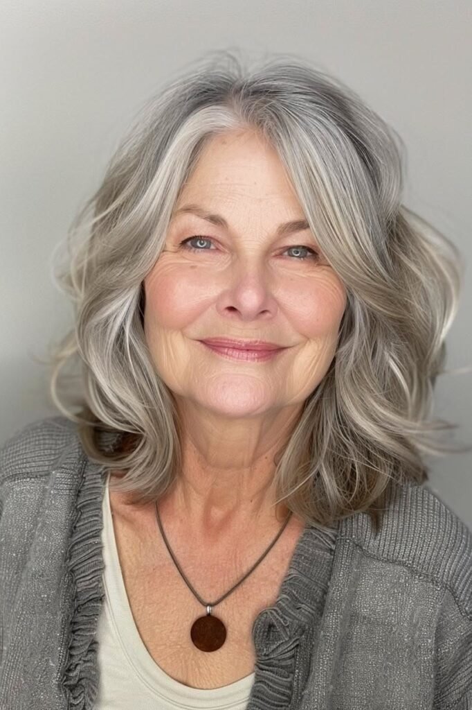 Softly Layered Shoulder-Length Waves with Soft Side-Parted Fringe