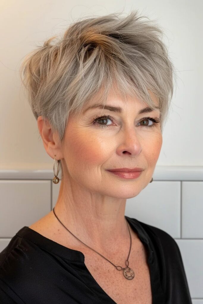 47. Softly Layered Silver Pixie with Delicate Fringe