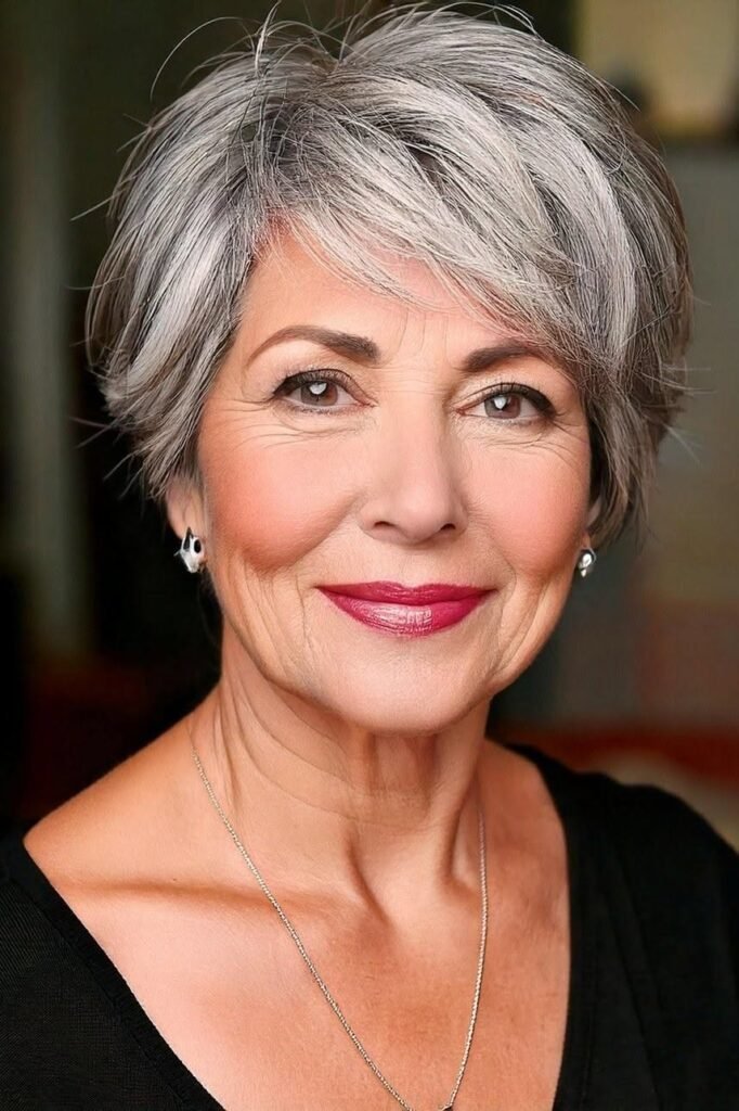 Sophisticated Salt-and-Pepper Pixie with Layered Volume