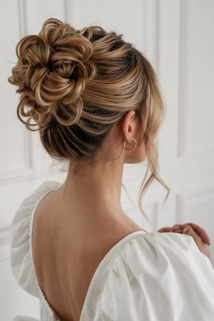 Sophisticated Twisted High Bun on Blonde Highlighted Hair