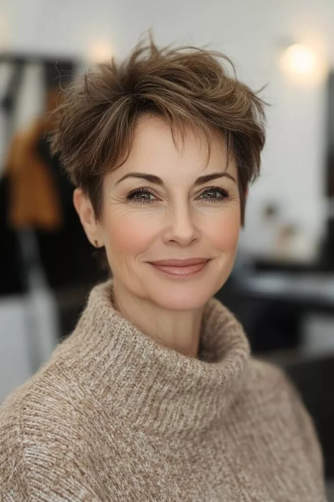 Spiky Brunette Pixie with Choppy Face-Framing Fringe