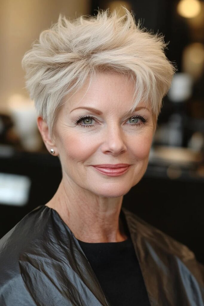 28. Spiky Platinum Blonde Pixie with Feathered Crown