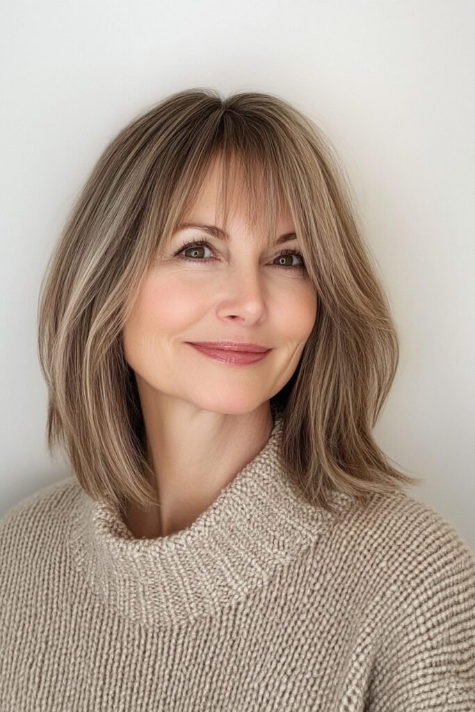 Straight Ash Brown Lob with Thin Wispy Bangs