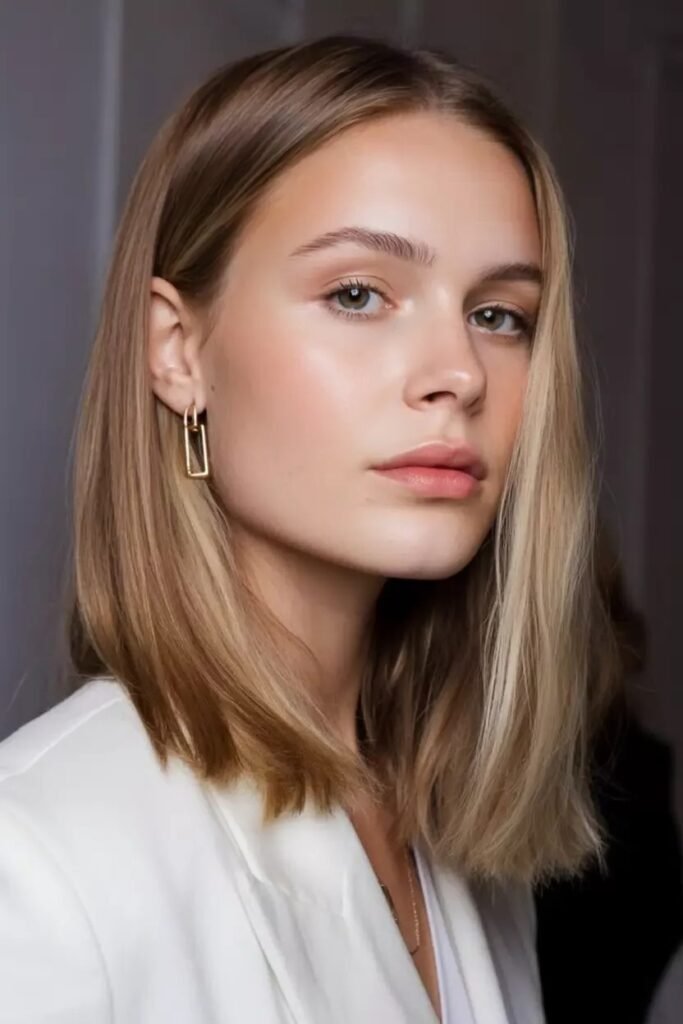 Straight Lob with Center Part and Golden Tones