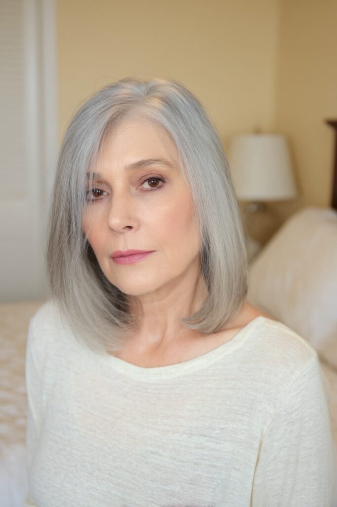 Straight Silver Bob with Long Side-Swept Fringe