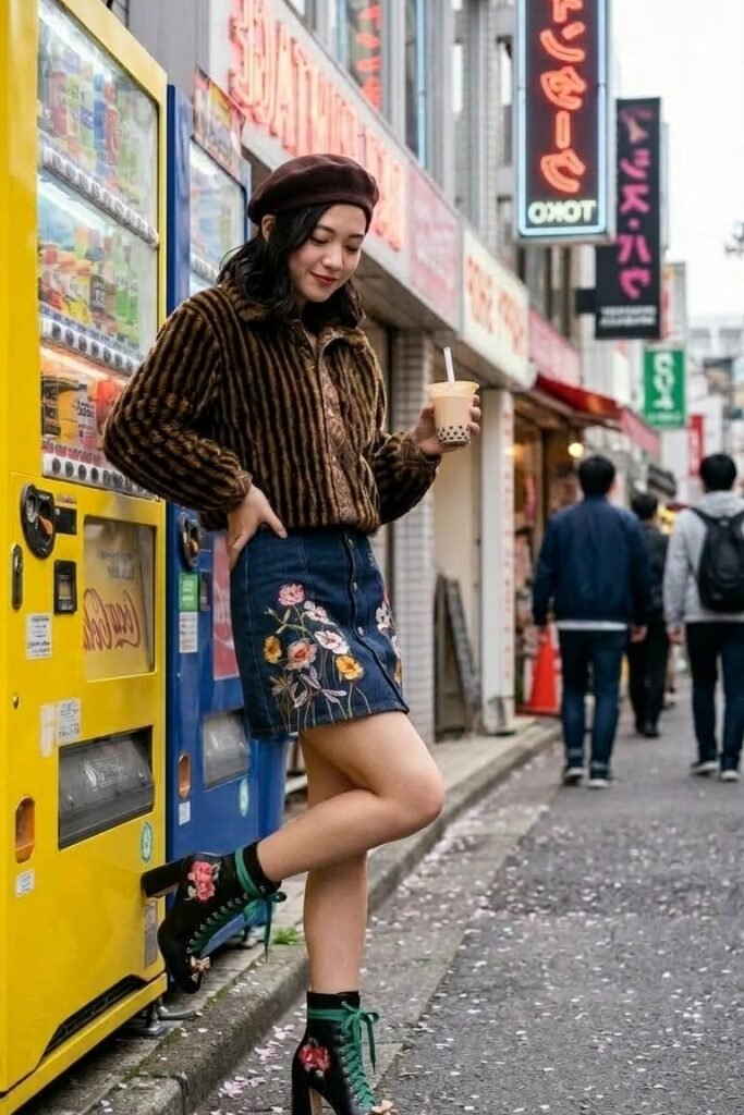 Striped Brown Fuzzy Jacket + Embroidered Denim Mini Skirt + Floral Black Heeled Boots