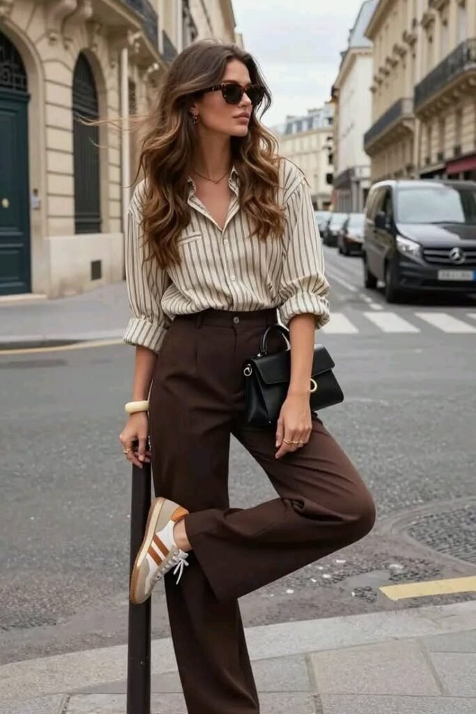 Striped Button Down Shirt + Brown Trousers + Casual Sneakers