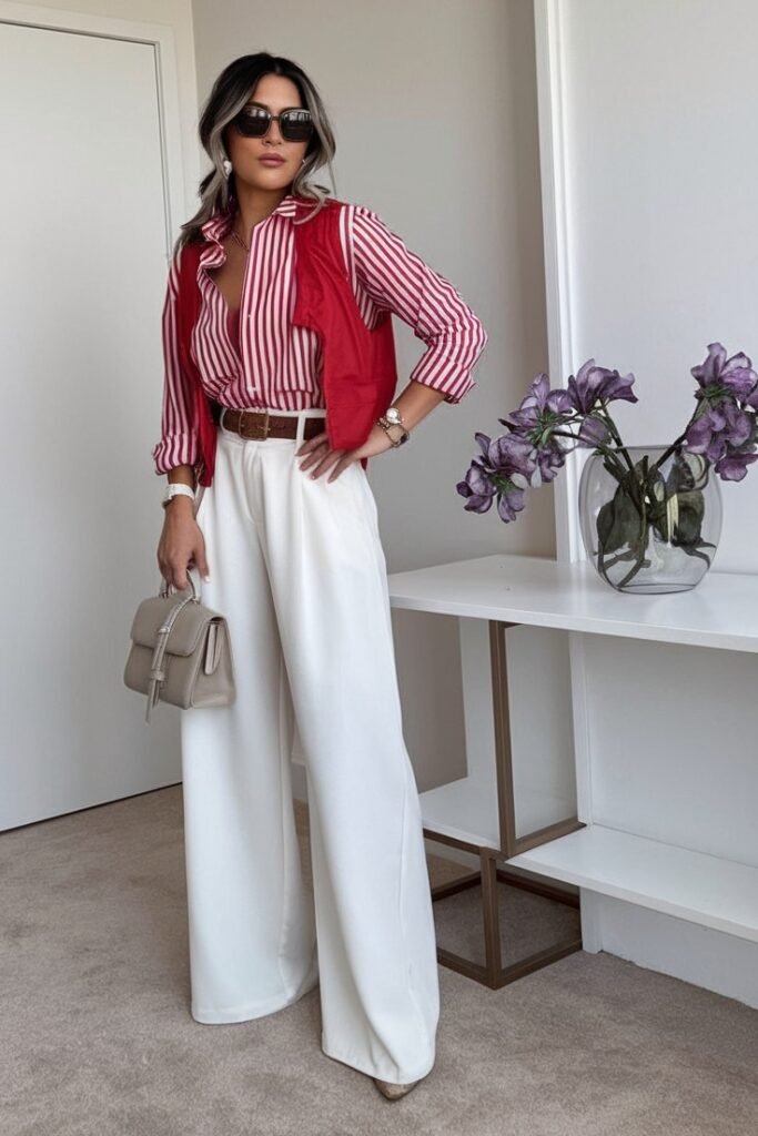 Striped Button Down Shirt + Red Vest + White Wide Leg Trousers