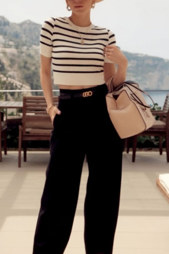 Striped Knit Crop Top + Black Wide Leg Trousers