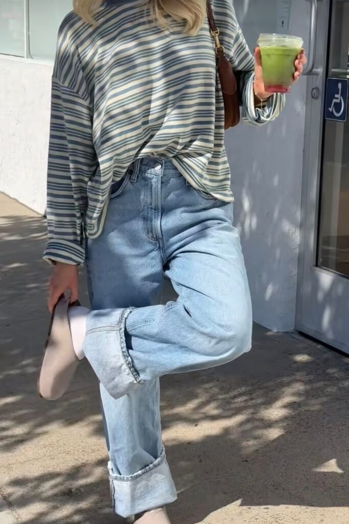 Striped Long Sleeve Tee + Light Wash Cuffed Jeans + Beige Mules