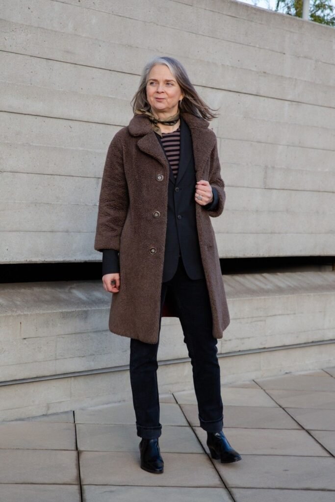Striped Top + Brown Teddy Coat + Black Slim Fit Jeans + Black Leather Ankle Boots