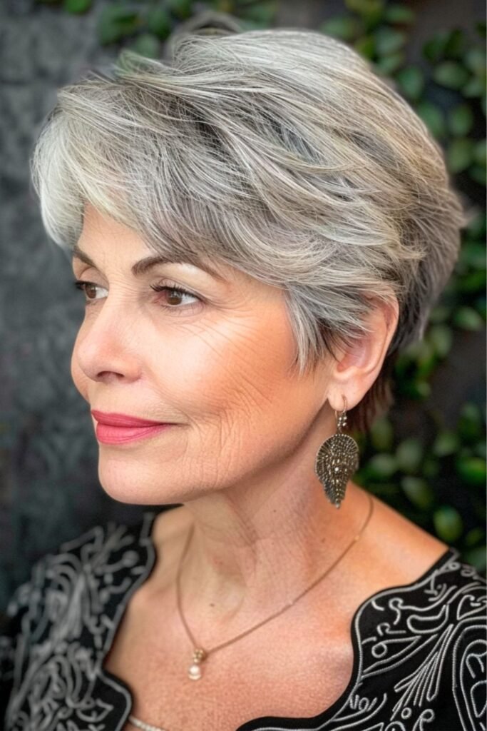 Swept-Back Layered Silver Pixie with Visible Texture