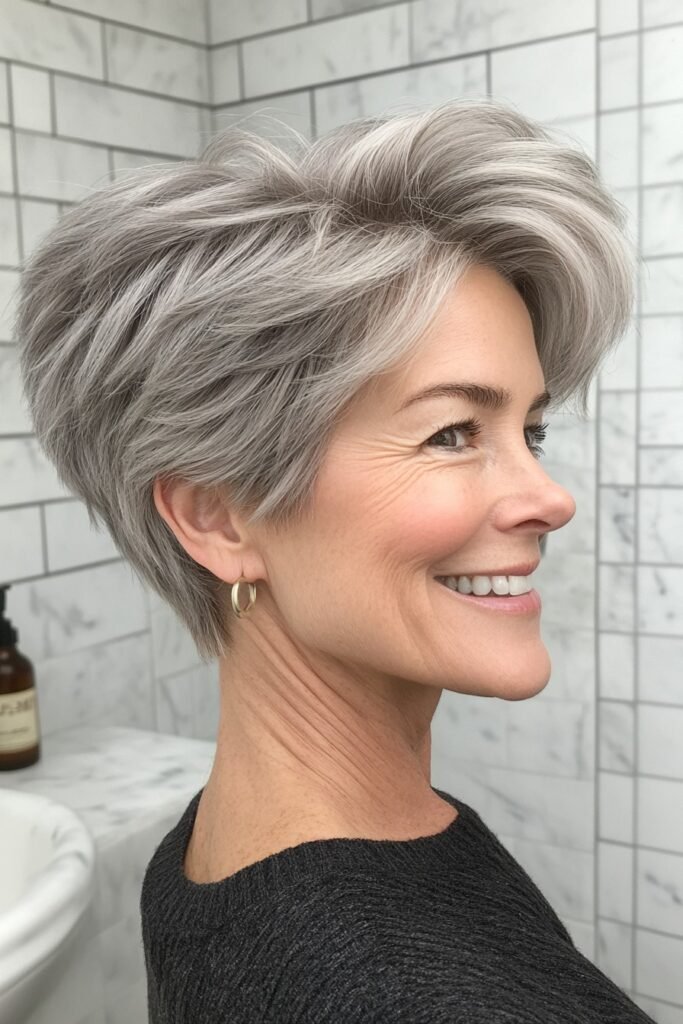 Swept-Back Silver Pixie with Natural Texture