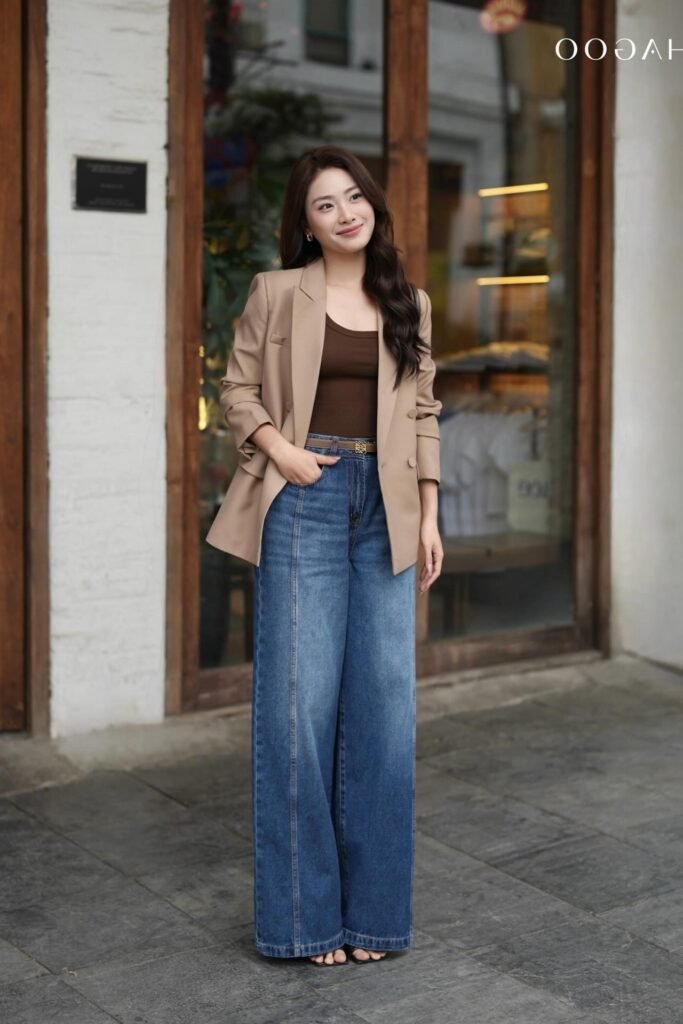 Tan Blazer + Brown Top + Blue Wide Leg Jeans