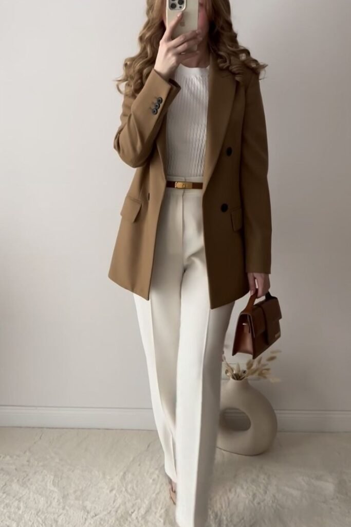 Tan Blazer + White Mock Neck Top + White Wide Leg Trousers + Nude Heels