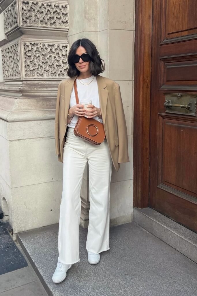 Tan Blazer + White T Shirt + White Wide Leg Jeans + White Sneakers