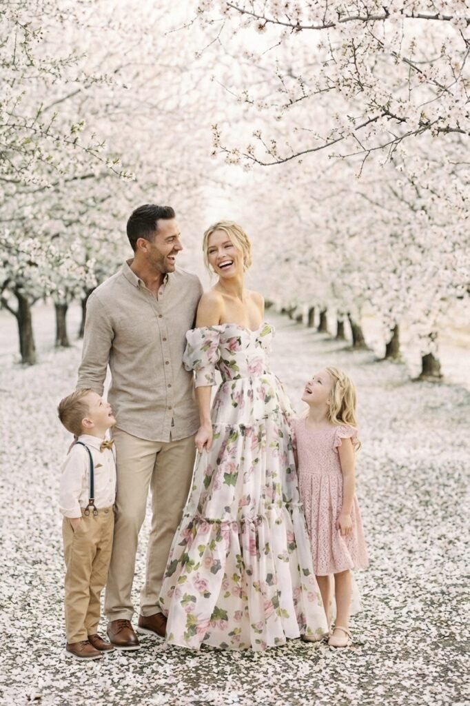 Tan Button Down Shirt + Khaki Chinos + Floral Maxi Dress + Pink Lace Dress
