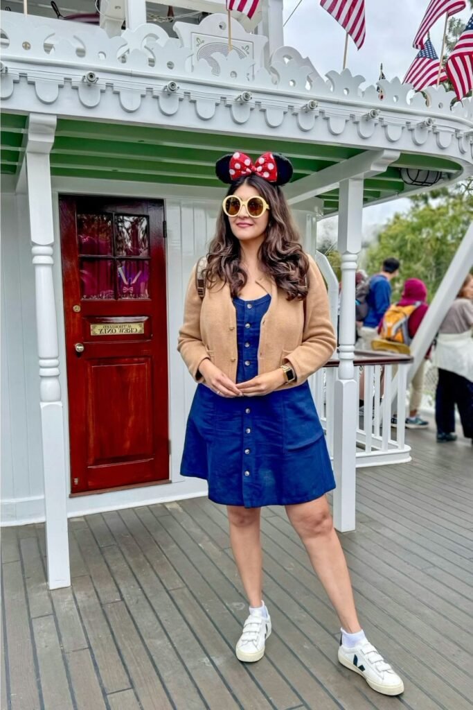 Tan Cardigan + Navy Button Down Dress + White Velcro Sneakers