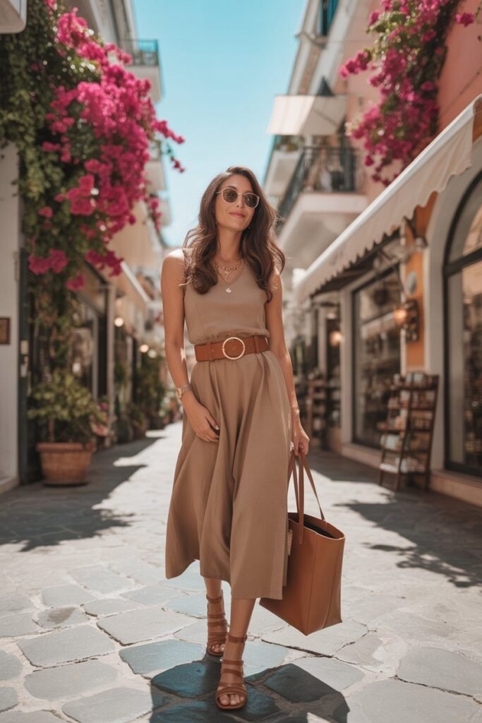 Tan Midi Dress + Brown Belt + Brown Tote Bag