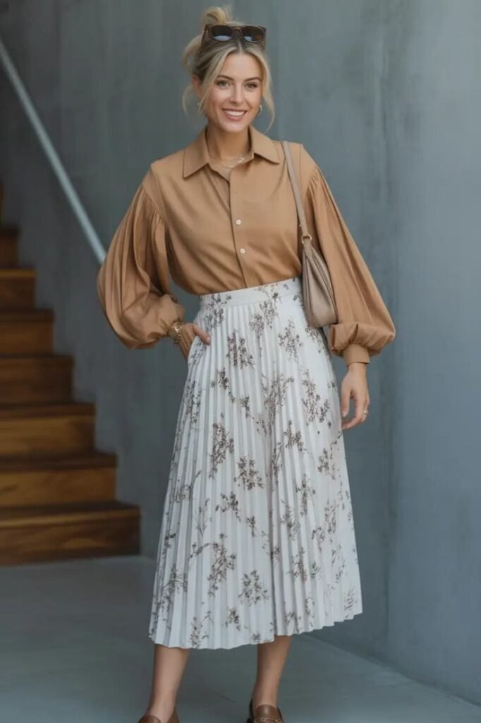 Tan Puff Sleeve Blouse + White Floral Pleated Midi Skirt + Brown Loafers