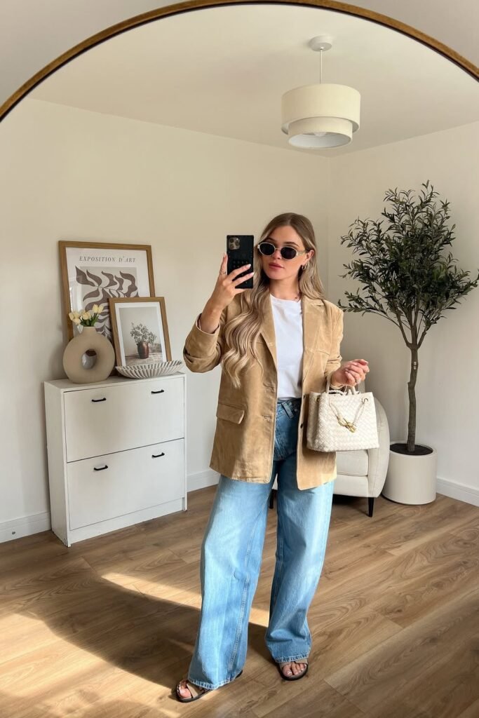 Tan Suede Blazer + White Top + Blue Wide Leg Jeans