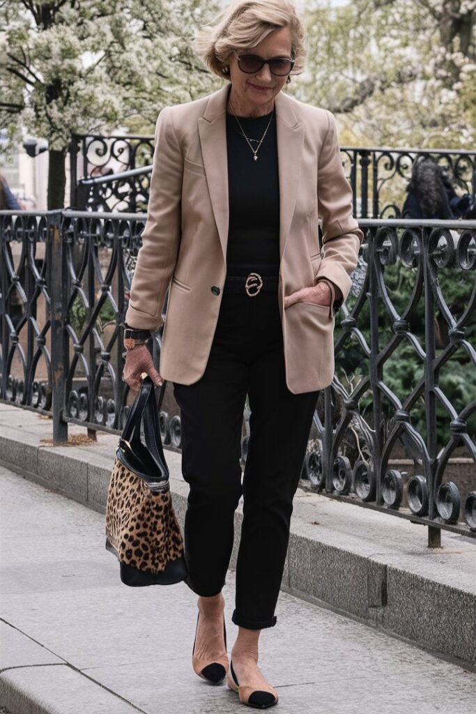 Tan Tailored Blazer + Black Mock-Neck Top + Black Slim Jeans + Tan & Black Cap-Toe Flats