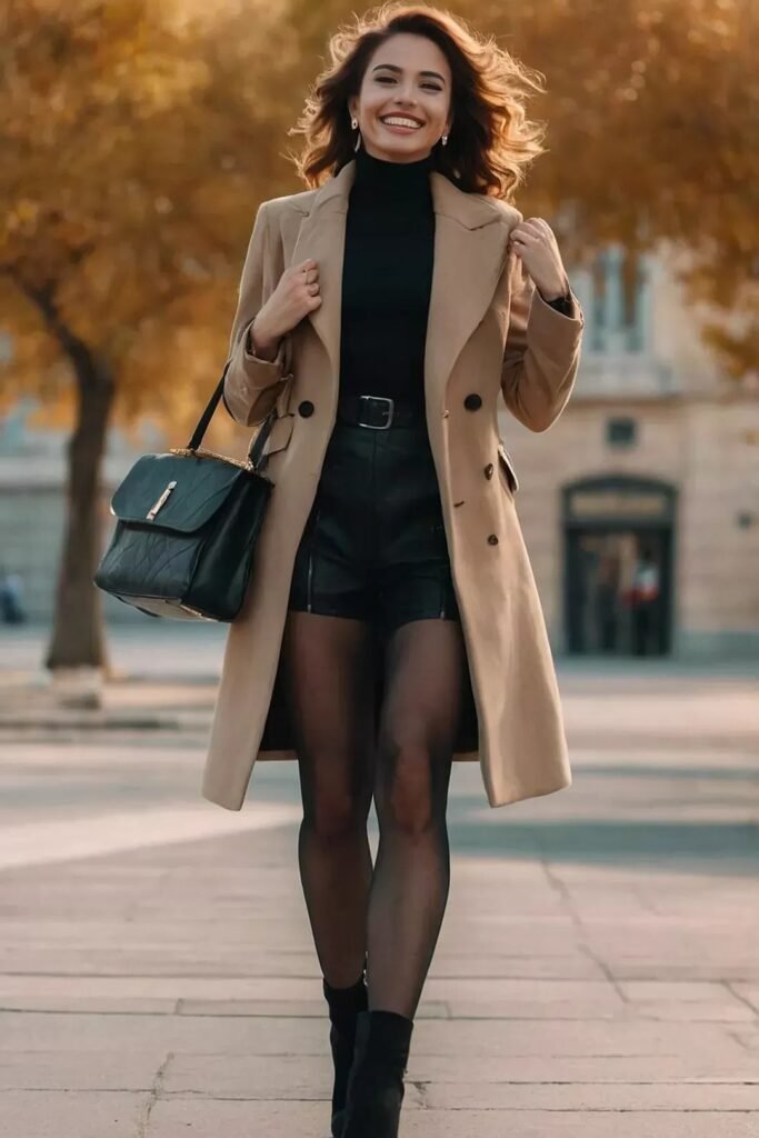 Tan Wool Coat + Black Turtleneck + Black Leather Shorts + Black Sheer Tights + Black Ankle Boots
