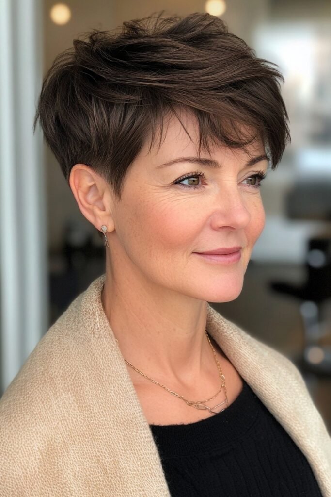Tapered Brunette Pixie with Layered Side Fringe