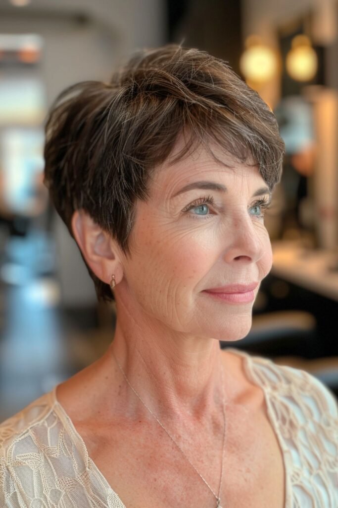 Tapered Brunette Pixie with Side-Swept Fringe