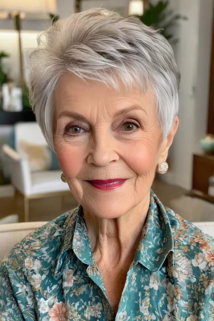 Tapered Silver Pixie Cut with Side-Swept Texture