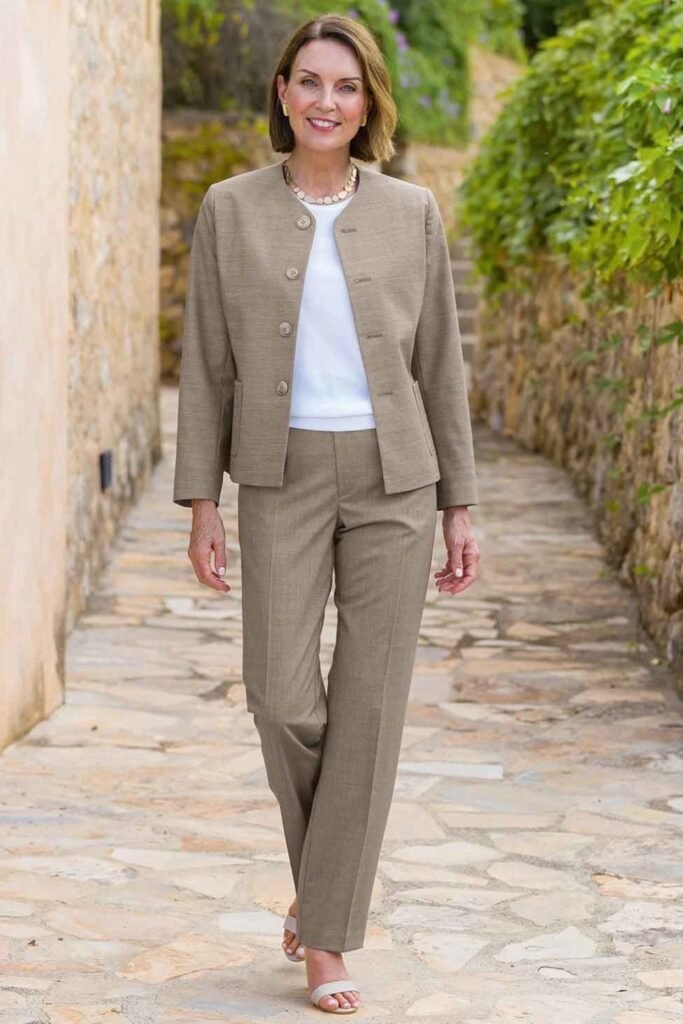 Taupe Collarless Blazer + White Top + Taupe Straight Leg Trousers + White Strappy Sandals