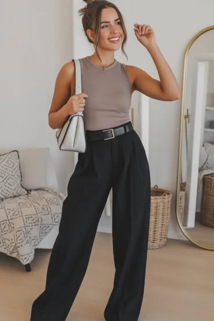 Taupe High-Neck Tank Top + Black Wide-Leg Trousers + Black Leather Belt