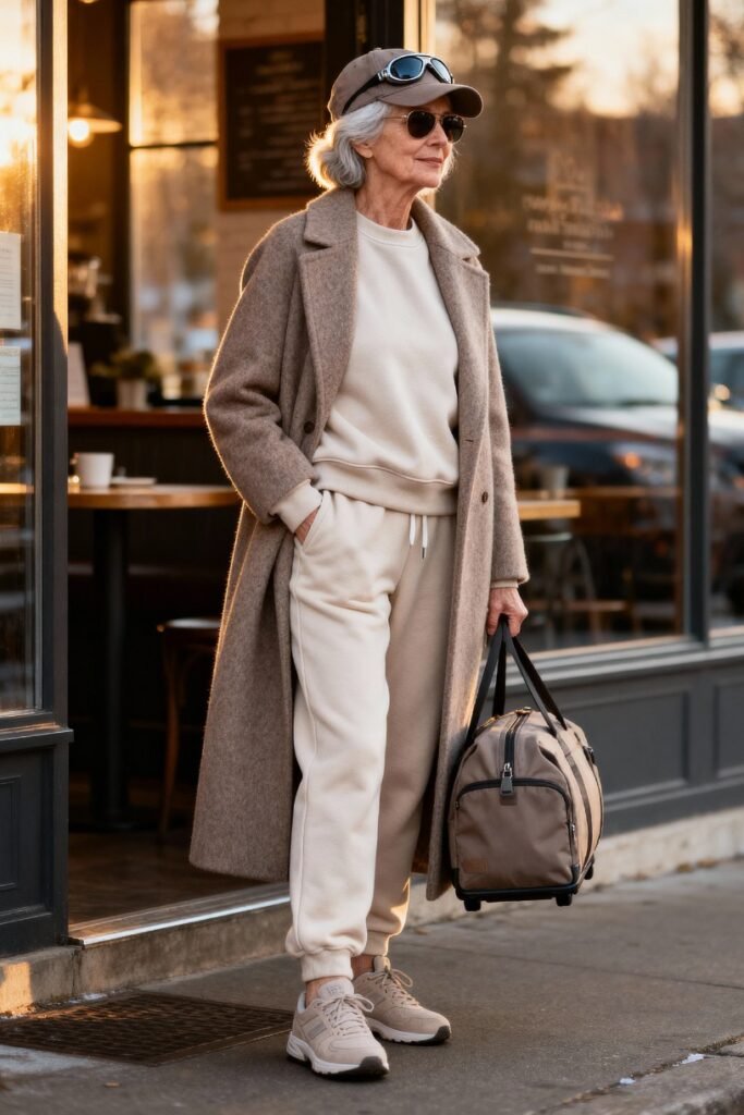 Taupe Long Wool Coat + Cream Sweatshirt + Cream Joggers + Beige Sneakers
