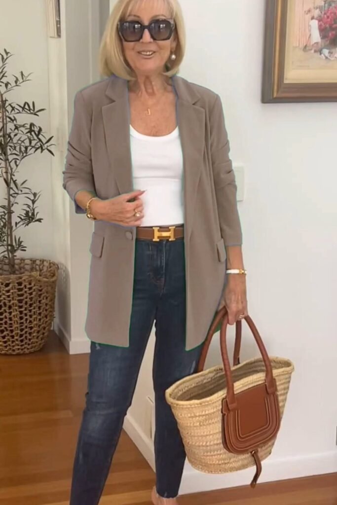Taupe Longline Blazer + White Crewneck Bodysuit + Dark Wash Skinny Jeans