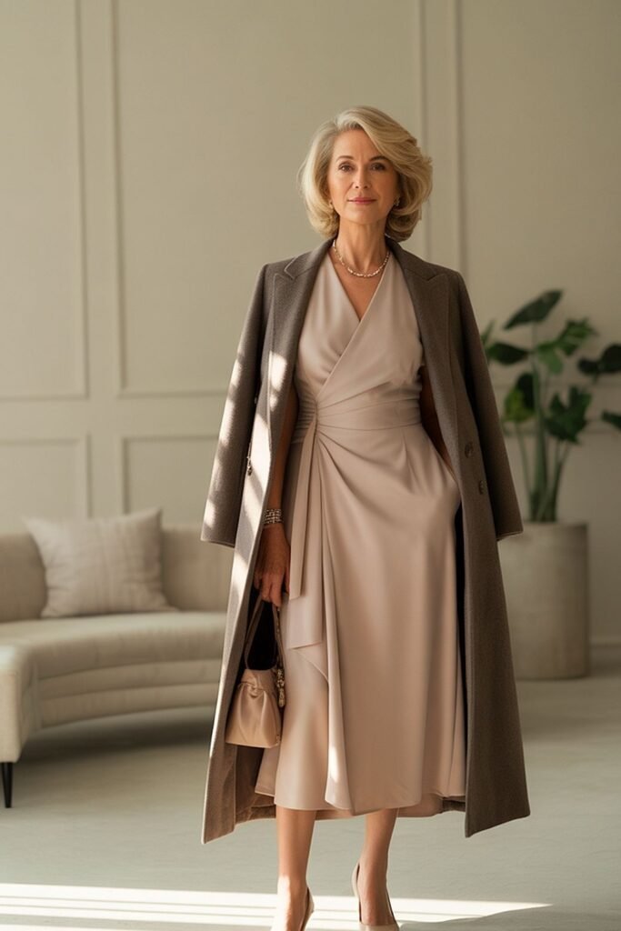 Taupe Overcoat + Wrap Style Beige Midi Dress + Small Beige Handbag + Nude Heels