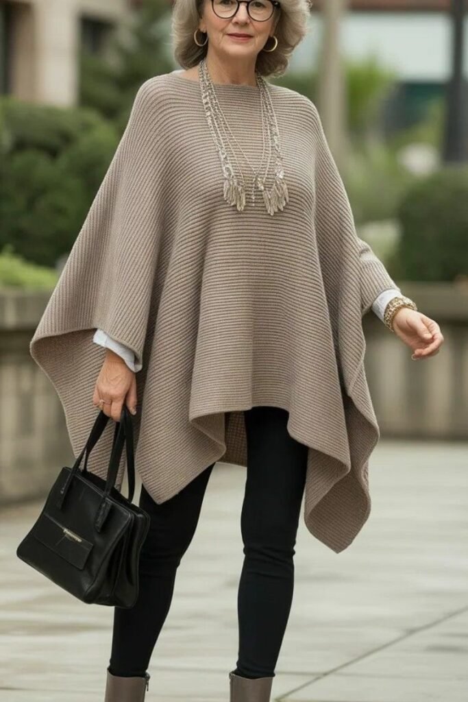 Taupe Ribbed Poncho + Black Skinny Jeans + Grey Ankle Boots