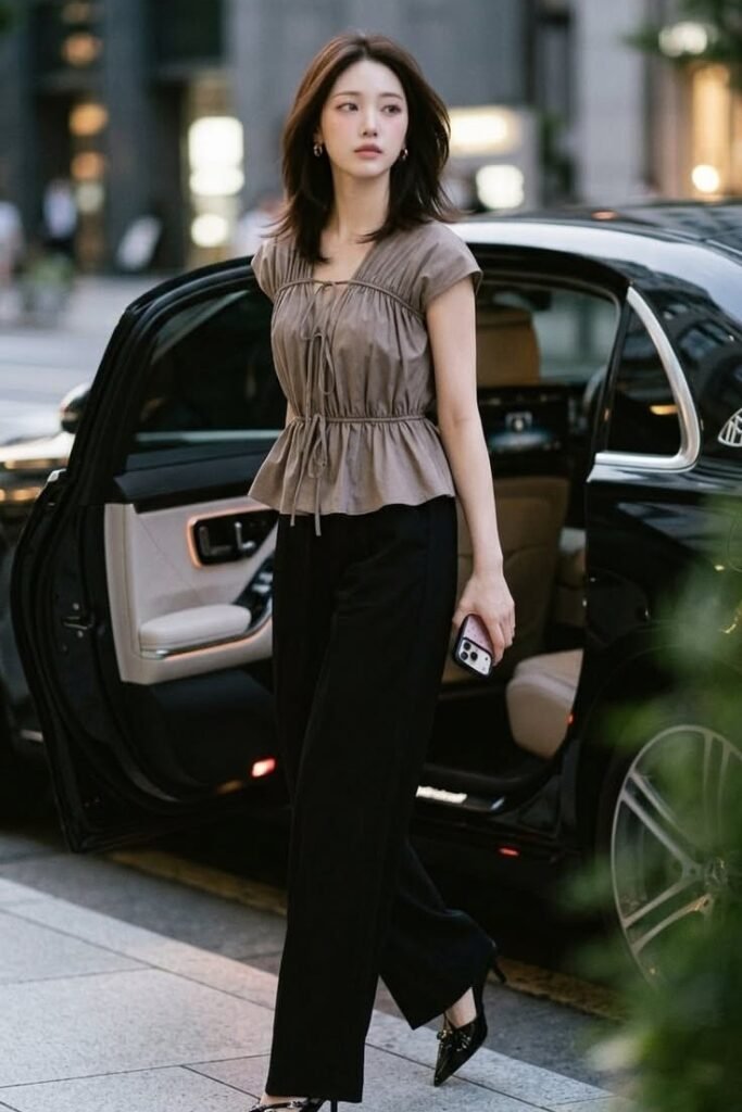 Taupe Ruched Peplum Top + Black Wide Leg Trousers + Black Pointed Toe Heels