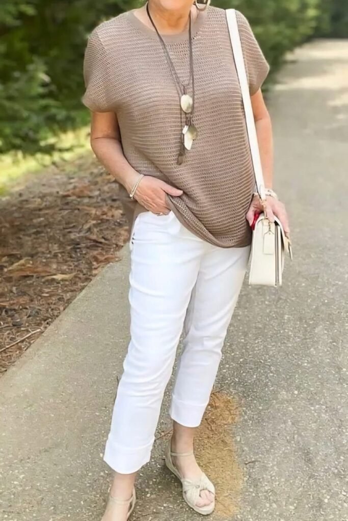 Taupe Short-Sleeve Knit Sweater + White Cropped Trousers + Beige Wedge Sandals