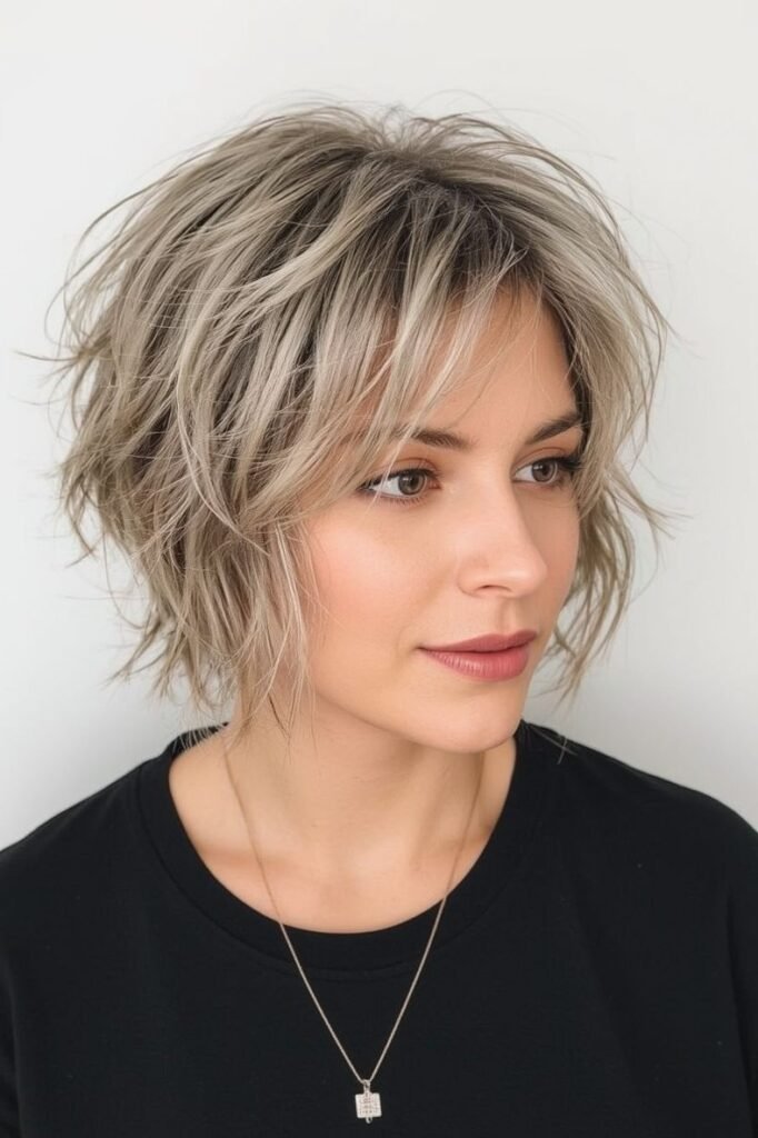 Textured Ash Blonde Pixie Bob with Wispy Bangs
