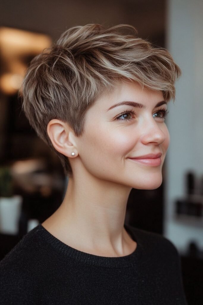 Textured Ash Blonde Pixie with Side-Swept Layers