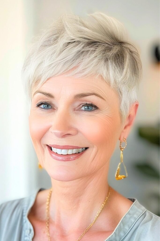 Textured Ash Blonde Pixie with Sideswept Bangs