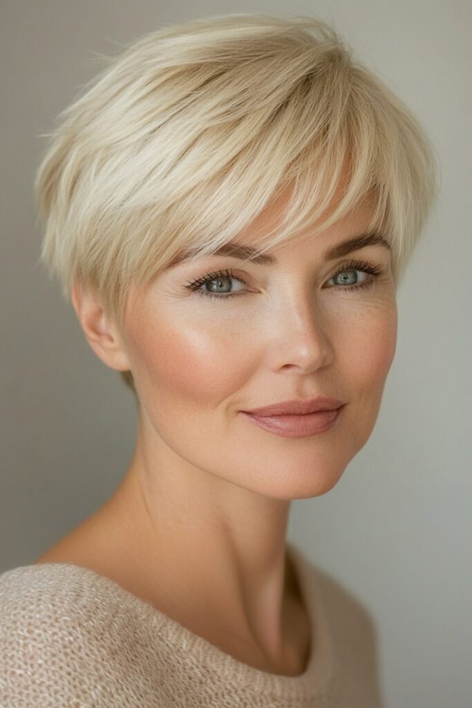 Textured Blonde Pixie Cut with Wispy Fringe