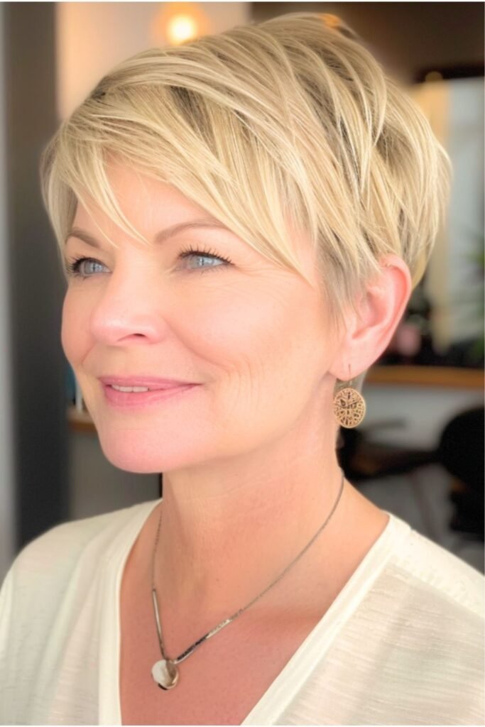 Textured Blonde Pixie with Side-Swept Fringe