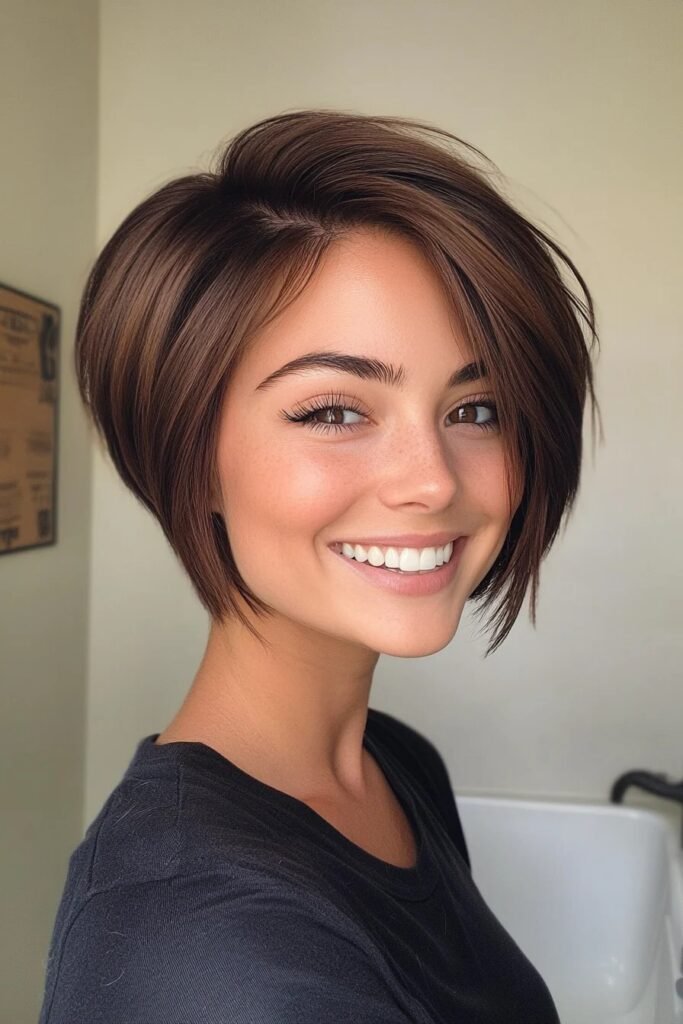 31. Textured Brown Bob with Side-Swept Bangs