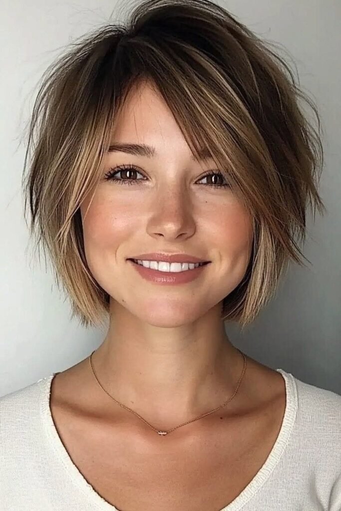 Textured Chin-Length Bob with Wispy Curtain Bangs