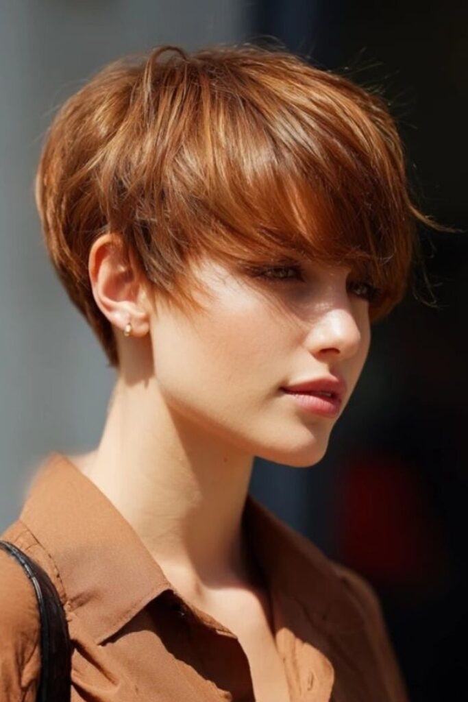 21. Textured Copper Pixie with Side-Swept Bangs