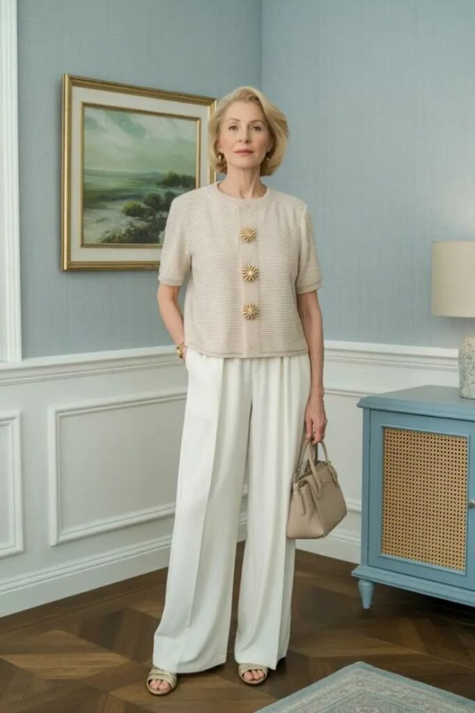 Textured Cream Short Sleeve Cardigan + White Wide Leg Trousers + Gold Sandals