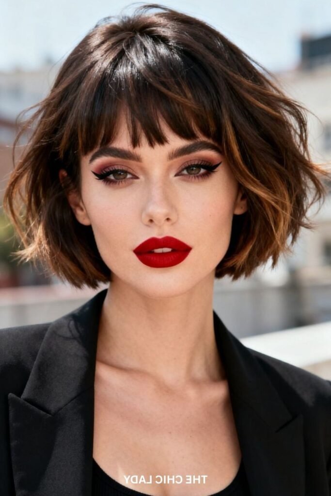 Textured Dark Bob with Short Straight Bangs