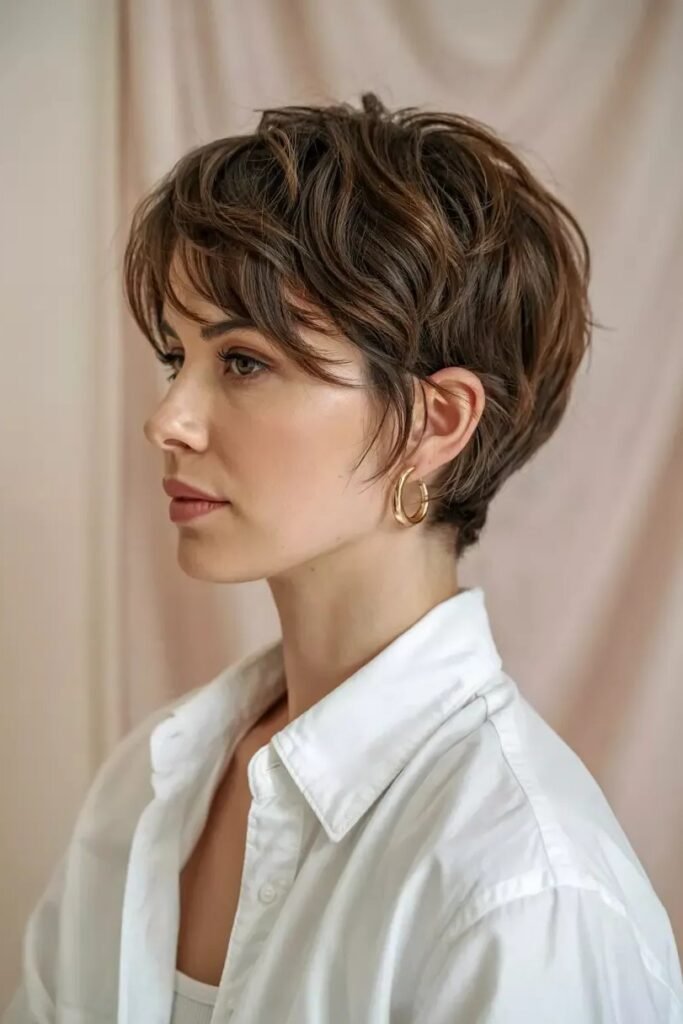 Textured Dark Brown Pixie with Wispy Bangs